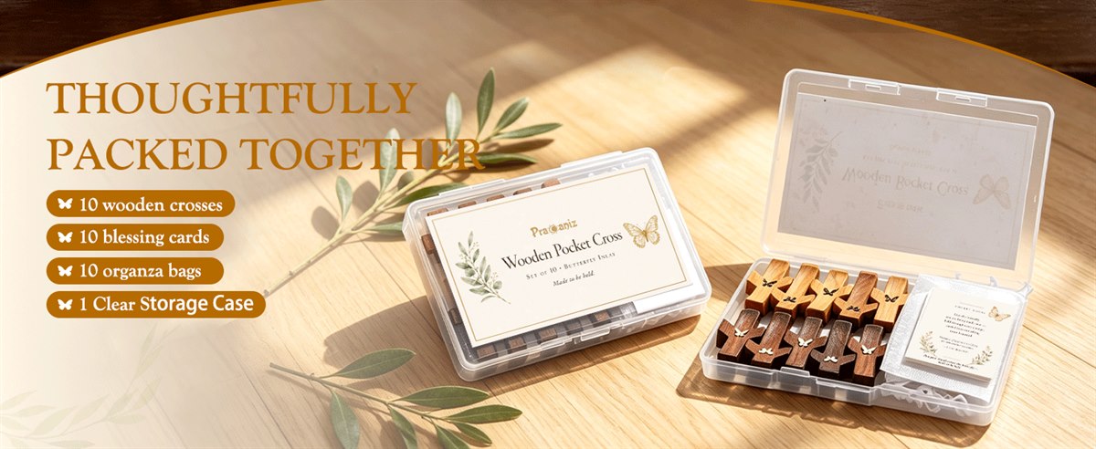 Thoughtfully packed together — the clear storage case open, holding ten crosses, ten blessing cards and ten organza bags