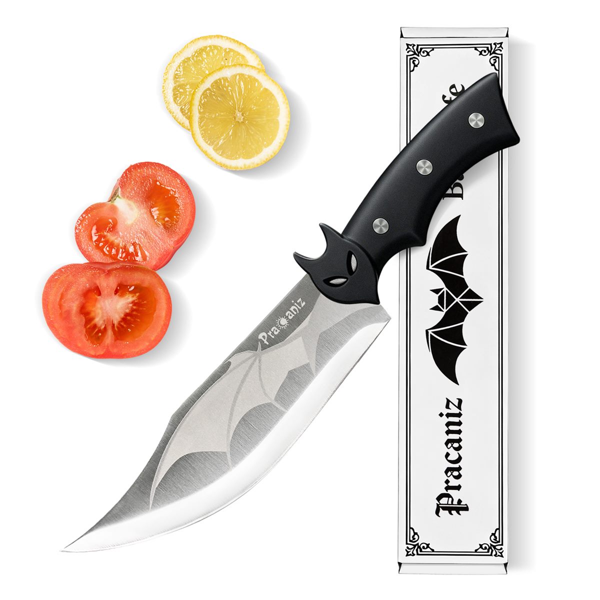 Pracaniz bat knife — a steel blade with a bat outline etched into it and a matte black handle, standing beside its printed box