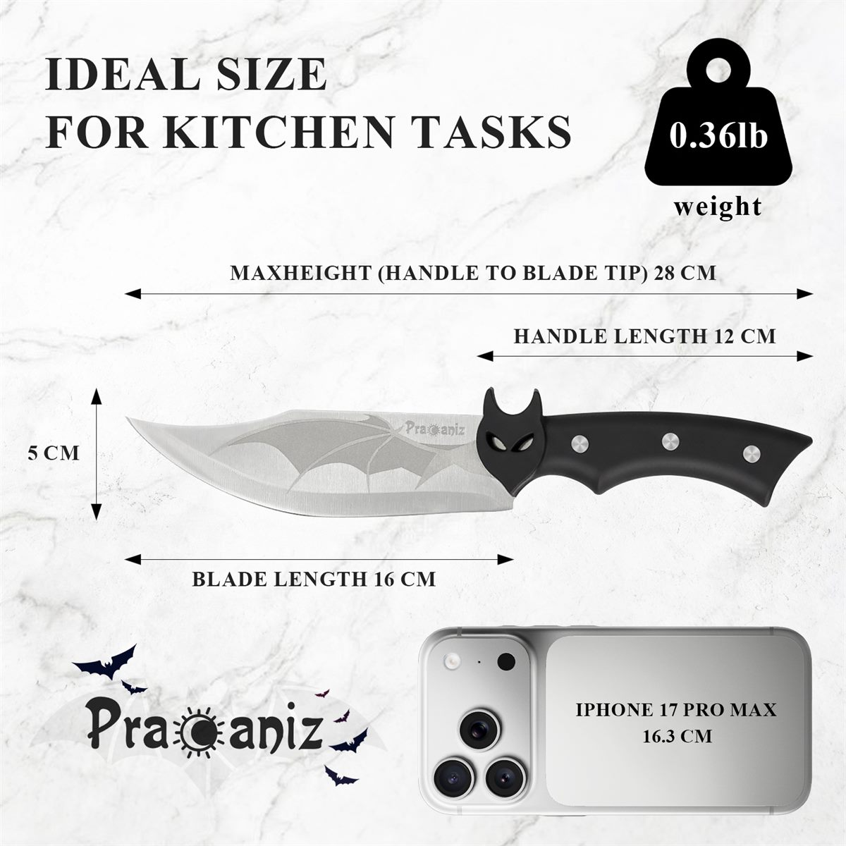Real size for kitchen tasks — the knife measured 28 cm from handle end to blade tip, 16 cm blade, 12 cm handle, 5 cm blade height and 0.36 lb, shown next to a phone for scale