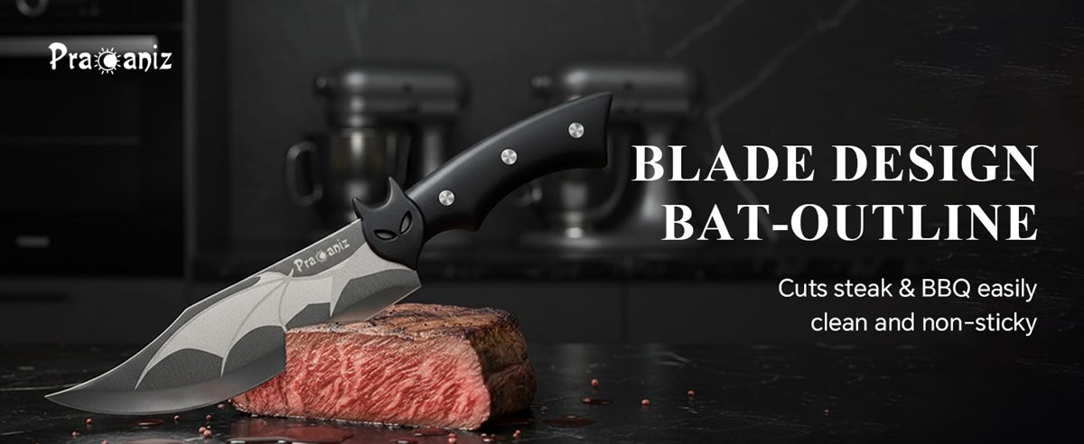 Blade design, bat outline — the knife resting on a seared steak in a dark kitchen; it cuts steak and BBQ easily, cleans without sticking