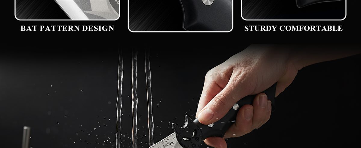 The bat handle join close-ups continue — the bat-shaped handle top with its rivets and the black grip, labelled bat pattern design and sturdy comfortable