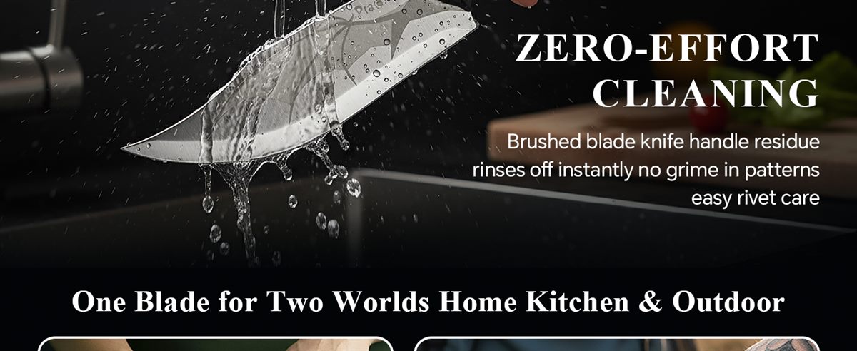 Zero-effort cleaning — the knife held under running water; brushed blade and handle residue rinses off instantly with no grime in the patterns and easy rivet care