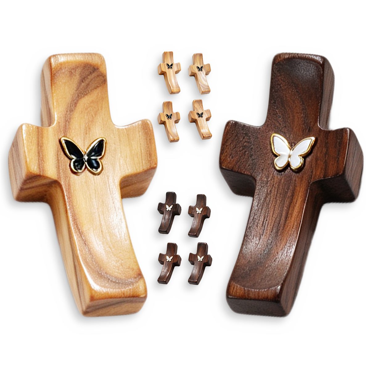 Pracaniz ten-pack wooden pocket crosses — two large crosses in olive wood and black walnut with raised metal butterflies
