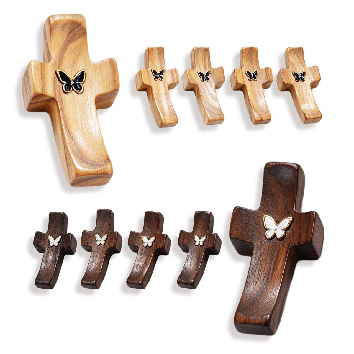 Ten wooden pocket crosses in two rows, olive wood and black walnut, each with a metal butterfly