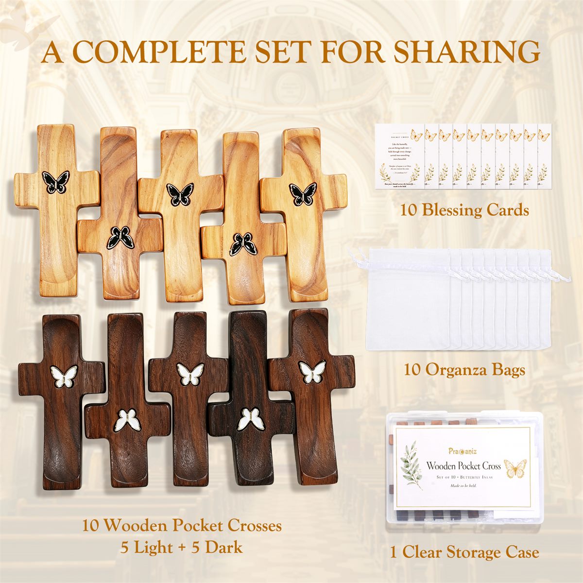 Complete set — ten pocket crosses, ten blessing cards, ten organza bags and one clear storage case