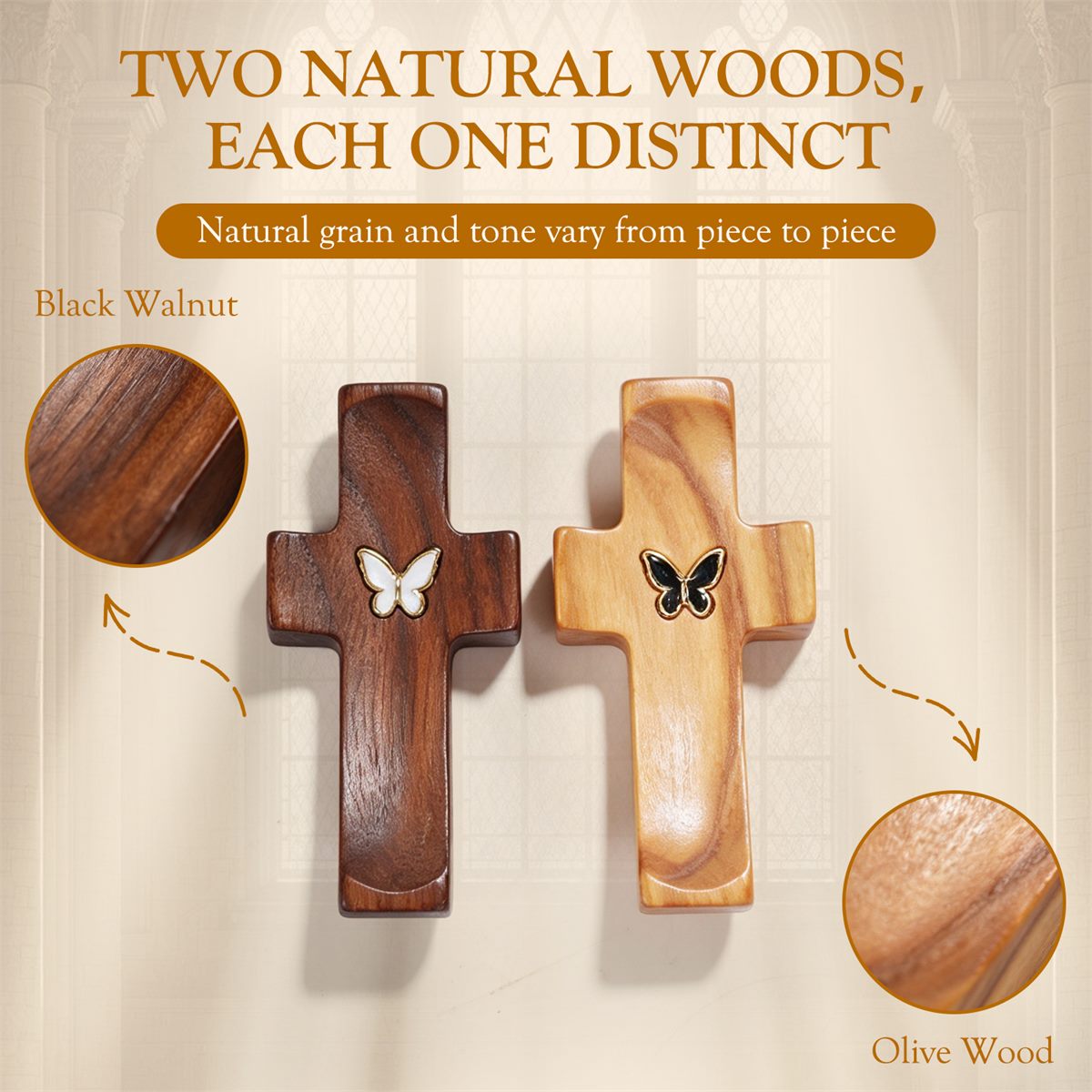 Black walnut and olive wood pocket crosses side by side, showing the natural grain of each