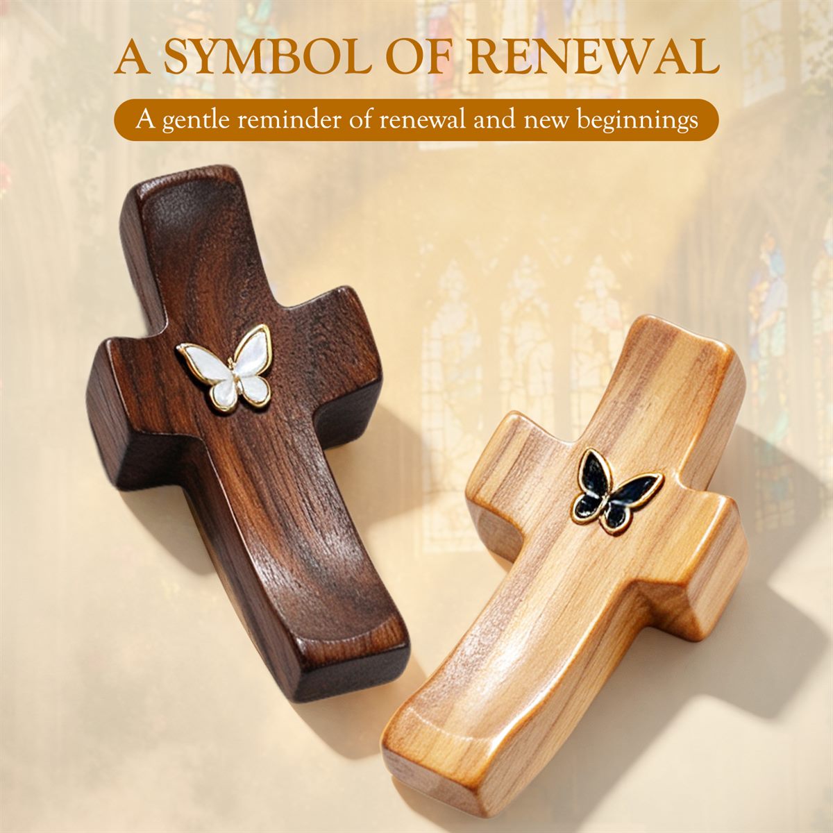 Two wooden pocket crosses on a table — a symbol of renewal and new beginnings