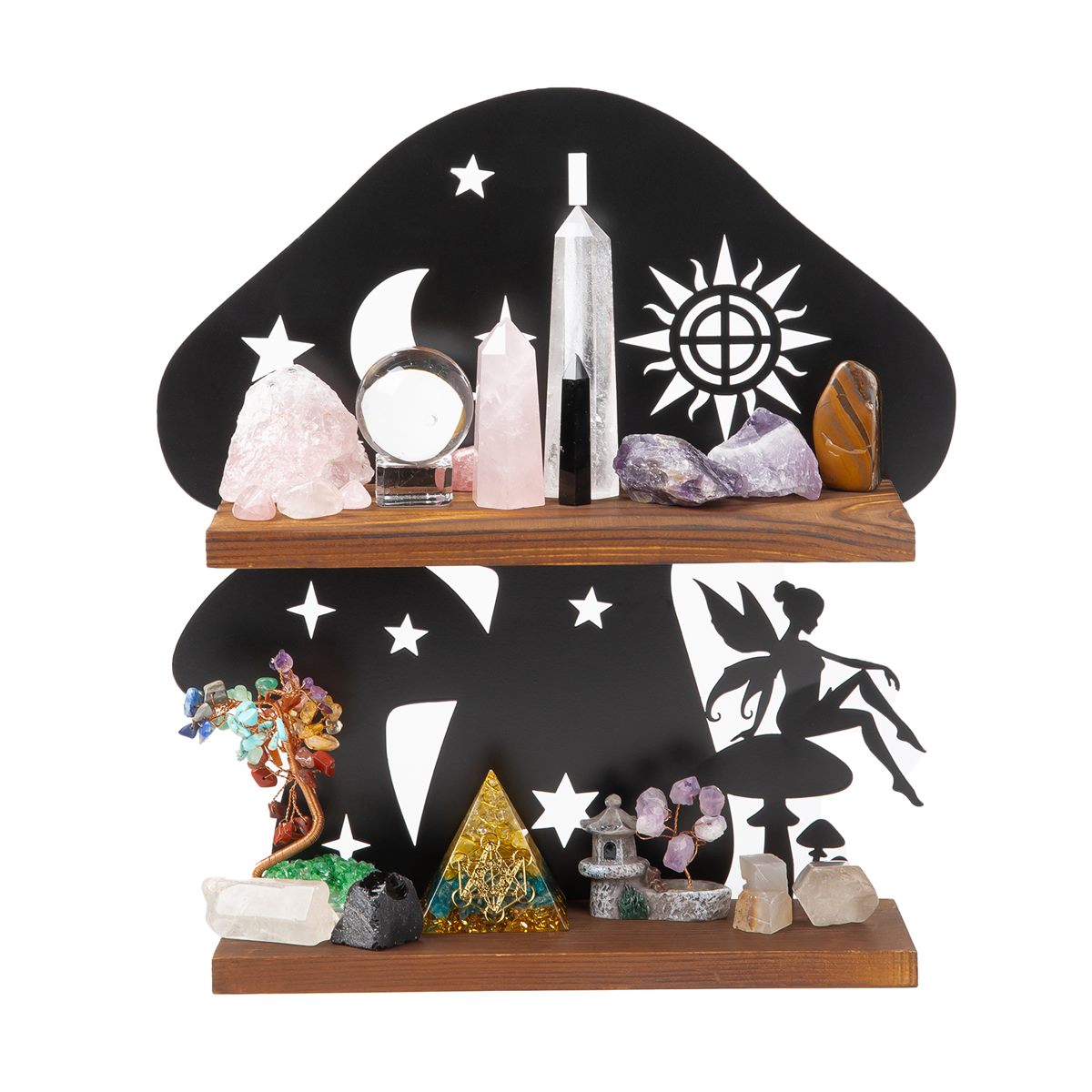 Pracaniz mushroom shelf — a black iron backboard cut with a mushroom, crescent moon and sun, with two wooden shelves holding crystals, a candle and an essential oil bottle