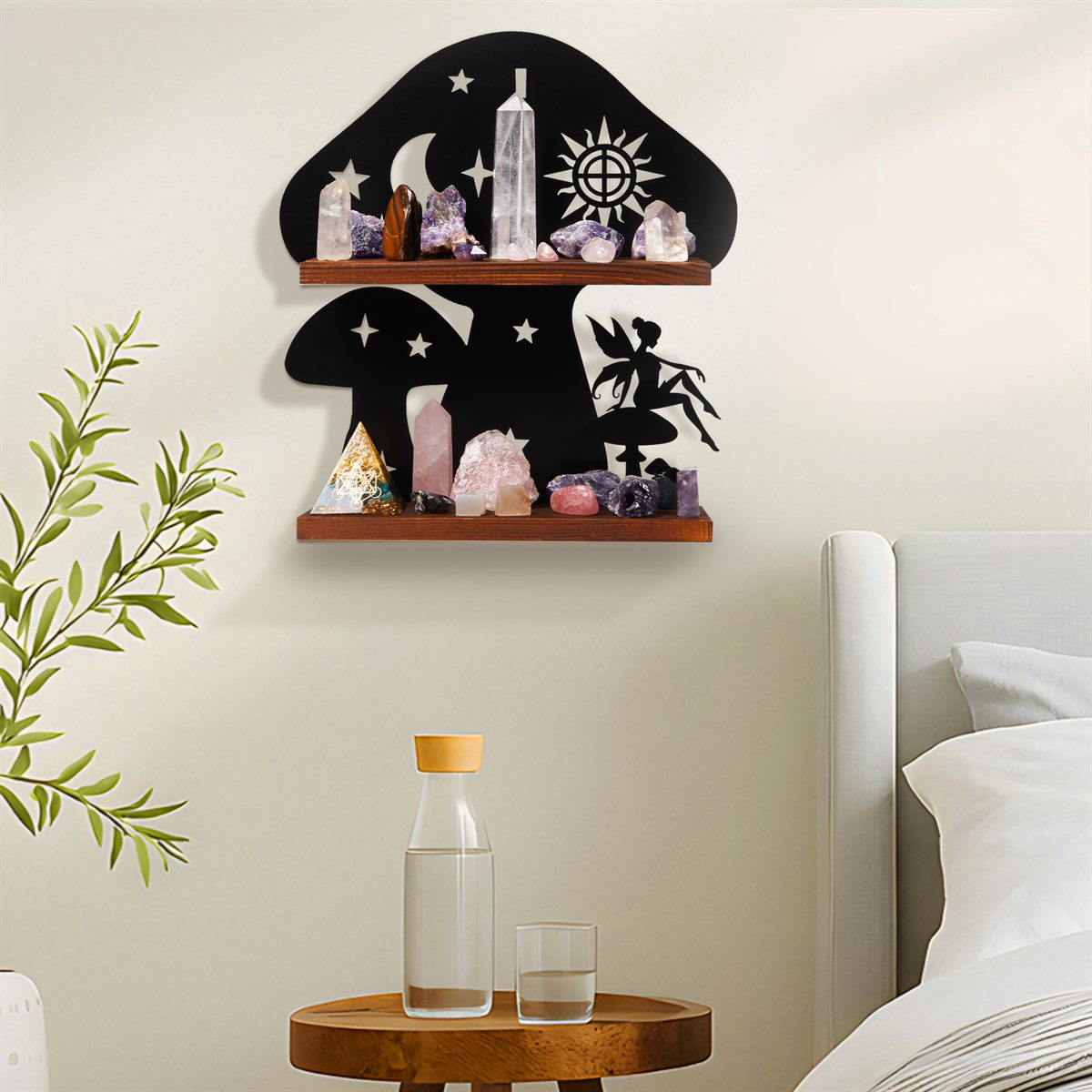 The mushroom shelf mounted on a bedroom wall beside a bed, holding crystals, a small plant and an essential oil bottle