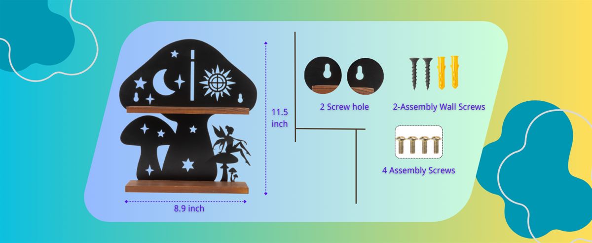 Size and hardware — the shelf measures 11.5 inches tall and 8.9 inches wide, with two screw holes, two assembly wall screws and four assembly screws