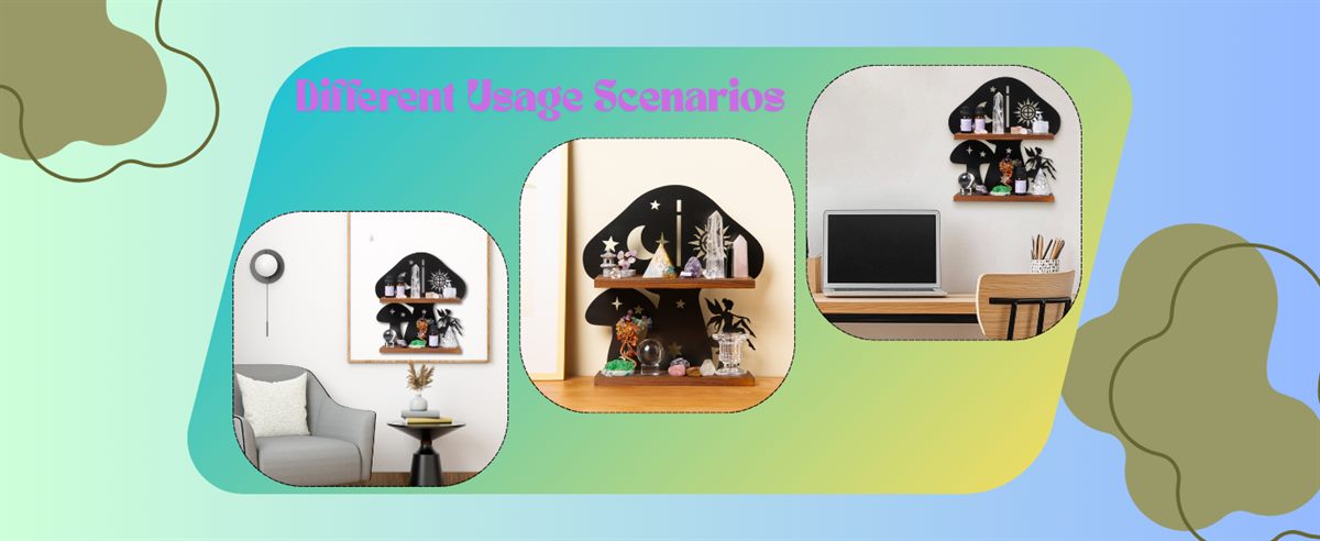 Different usage scenarios — the shelf mounted in a living room, on a plain wall, and above a desk with a laptop