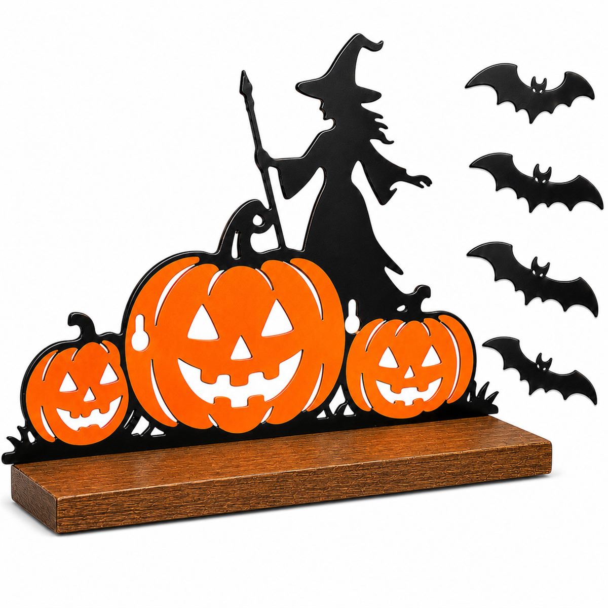 Pracaniz Halloween display shelf — a black powder-coated metal witch standing behind three orange jack-o-lanterns on a real wood platform