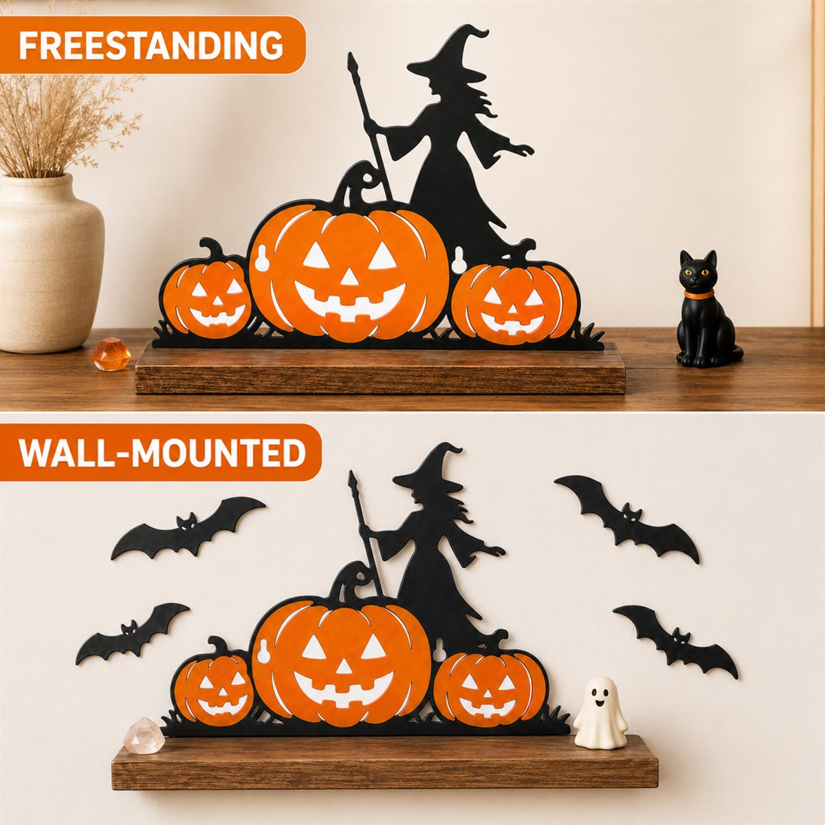 The same Halloween shelf shown freestanding on a table and wall-mounted, with bats attached to the wall behind it
