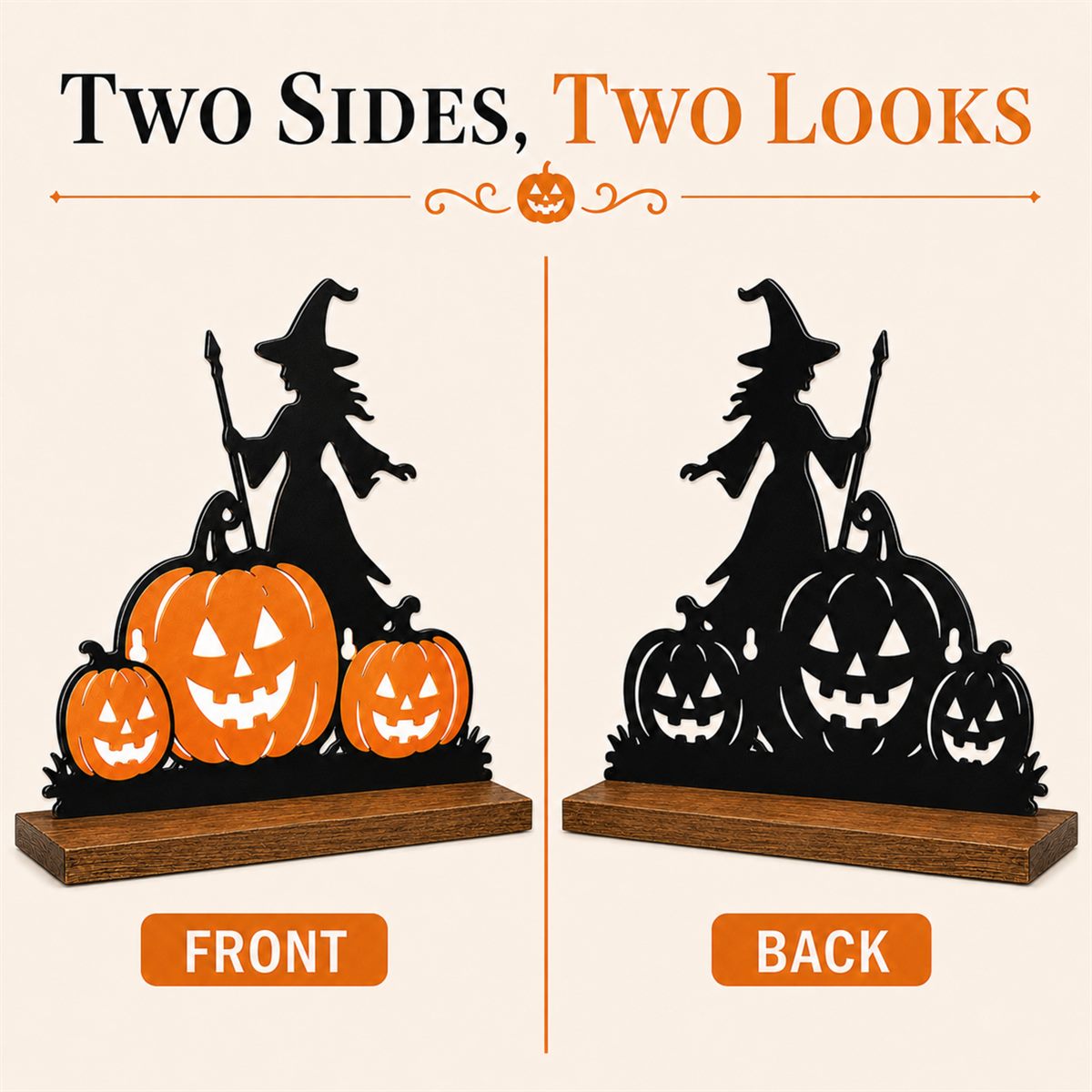 Two sides, two looks — the front and the back of the Halloween shelf photographed side by side