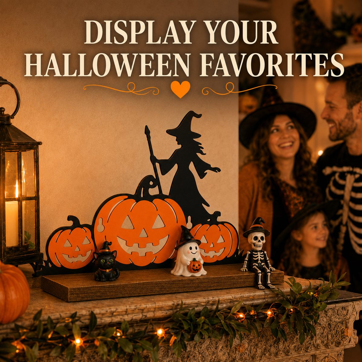 The Halloween shelf on a mantel with garland and lights, with a family dressed up behind it