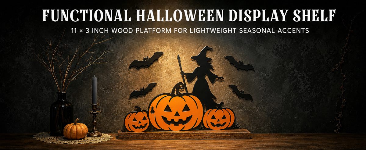 Functional Halloween display shelf — an 11 by 3 inch wood platform for lightweight seasonal accents, with a powder-coated metal witch and pumpkins against a dark wall